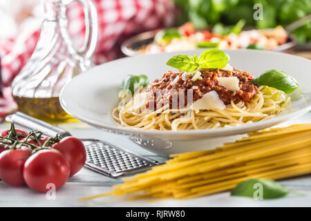 Close up italian pasta spaghetti bolognese in white plate Stock Photo