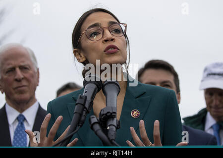 Washington, District of Columbia, USA. 7th Feb, 2019. Representative Alexandria Ocasio-Cortez, Democrat of New York, speaks during a press conference to announce the ''Green New Deal'' held at the United States Capitol in Washington, DC on February 7, 2019. Credit: Alex Edelman/CNP Credit: Alex Edelman/CNP/ZUMA Wire/Alamy Live News Stock Photo
