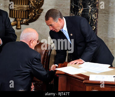 Washington, United States Of America. 04th Jan, 2011. United States House Speaker John Boehner (Republican of Ohio), right, shakes hands with U.S. Representative John Dingell (Democrat of Michigan), left, after Dingell swore-in Boehner at the opening of the 112th Congress in the U.S. Capitol in Washington, DC on Wednesday, January 5, 2011.Credit: Ron Sachs/CNP.(RESTRICTION: NO New York or New Jersey Newspapers or newspapers within a 75 mile radius of New York City) | usage worldwide Credit: dpa/Alamy Live News Stock Photo