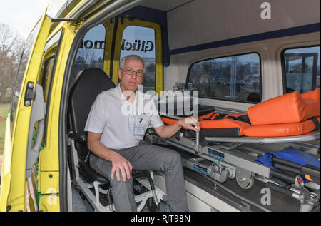 31 January 2019, Brandenburg, Schwedt: Axel Matzdorff (l-r), chief physician for internal medicine in the Asklepios hospital Schwedt (Uckermark) sits in the luck mobile of the association Uckermark against leukaemia registered association. When the remaining life time is short due to a fatal disease, people who are affected often have long cherished but never fulfilled dreams. In the Uckermark, an association wants to help fulfil them so that the sick person can 'let go without a wish'. Photo: Patrick Pleul/dpa-Zentralbild/ZB Stock Photo