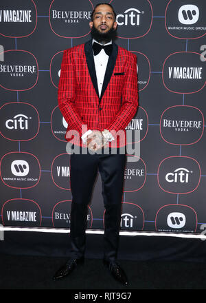 LOS ANGELES, CA, USA - FEBRUARY 07: Rapper Nipsey Hussle arrives at the Warner Music Pre-Grammy Party 2019 held at The NoMad Hotel Los Angeles on February 7, 2019 in Los Angeles, California, United States. (Photo by Xavier Collin/Image Press Agency) Stock Photo