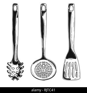 Kitchen utensils. Different spoons and other accessories. Isolated vector illustration on white background. Stock Vector