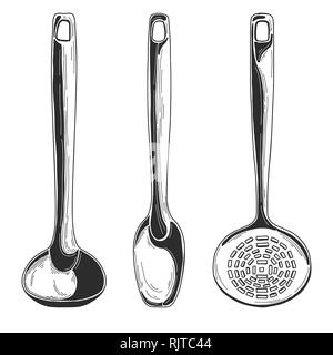 Kitchen utensils. Different spoons and other accessories. Isolated vector illustration on white background. Stock Vector