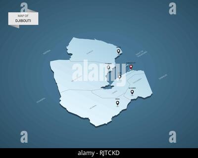 Isometric 3D Djibouti map,  vector illustration with cities, borders, capital, administrative divisions and pointer marks; gradient blue background.   Stock Vector