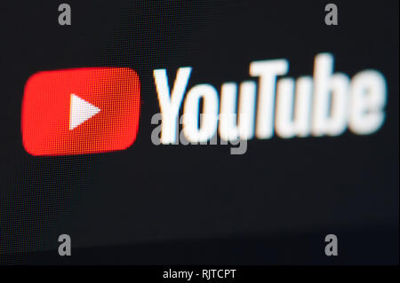 New york, USA - february 6, 2019: Youtube icon on laptop screen pixelated close up view Stock Photo