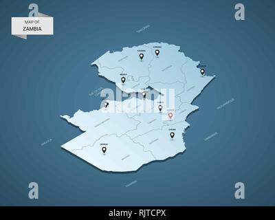 Isometric 3D Zambia map,  vector illustration with cities, borders, capital, administrative divisions and pointer marks; gradient blue background.  Co Stock Vector