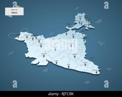 Isometric 3D India map,  vector illustration with cities, borders, capital, administrative divisions and pointer marks; gradient blue background.  Con Stock Vector