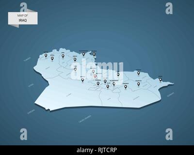 Isometric 3D Iraq map,  vector illustration with cities, borders, capital, administrative divisions and pointer marks; gradient blue background.  Conc Stock Vector