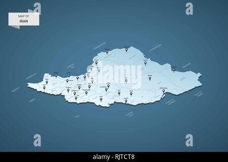 Isometric 3D Iran map,  vector illustration with cities, borders, capital, administrative divisions and pointer marks; gradient blue background.  Conc Stock Vector