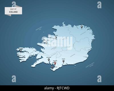 Isometric 3D Iceland map,  vector illustration with cities, borders, capital, administrative divisions and pointer marks; gradient blue background.  C Stock Vector