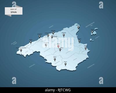 Isometric 3D Spain map,  vector illustration with cities, borders, capital, administrative divisions and pointer marks; gradient blue background.  Con Stock Vector