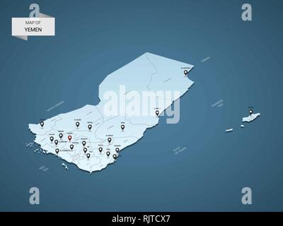 Isometric 3D Yemen map,  vector illustration with cities, borders, capital, administrative divisions and pointer marks; gradient blue background.  Con Stock Vector