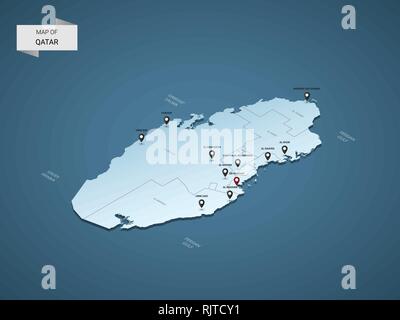 Isometric 3D Qatar map,  vector illustration with cities, borders, capital, administrative divisions and pointer marks; gradient blue background.  Con Stock Vector