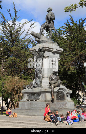 Chile, Magallanes, Punta Arenas, Ferdinand Magellan statue, Stock Photo