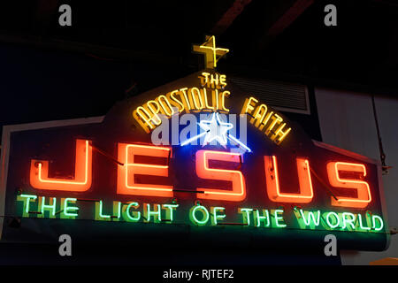 Vintage 1950's Jesus Light of the World neon sign from the Apostelic Faith Church, Ugly Vancouver gallery at the Museum of Vancouver, BC, Canada Stock Photo