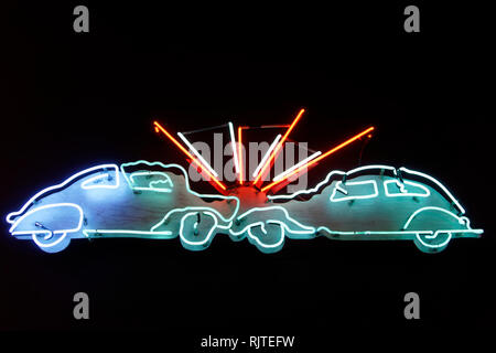 Vintage 1940's Car Crash neon sign in the Ugly Vancouver gallery at the Museum of Vancouver, British Columbia, Canada Stock Photo