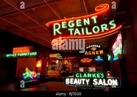 Vintage neon signs in the Ugly Vancouver gallery at the Museum of Vancouver, British Columbia, Canada Stock Photo