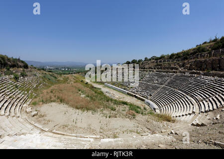 View of the large ancient stadium, Magnesia on the Meander, Tekin, Ionia, Turkey. The Stadium had the capacity to seat over 30,000 spectators and is o