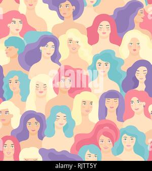 International Women s Day. Vector seamless pattern with flat cartoon women faces. Stock Vector