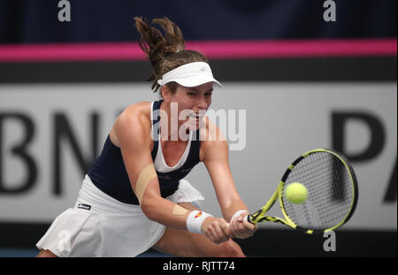 Great Britain's Johanna Konta in action against Maria Sakkari during day two of the Fed Cup at Bath University. Stock Photo