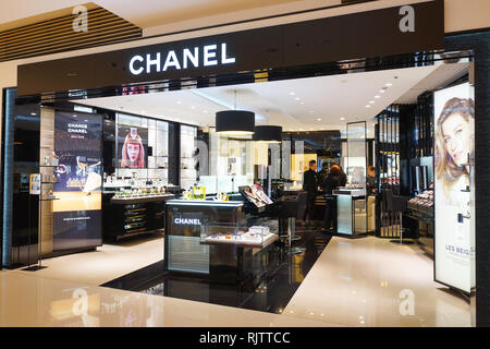 HONG KONG - JANUARY 26, 2016: Chanel cosmetics store at Elements Shopping Mall. Elements is a large shopping mall located on 1 Austin Road West, Tsim  Stock Photo