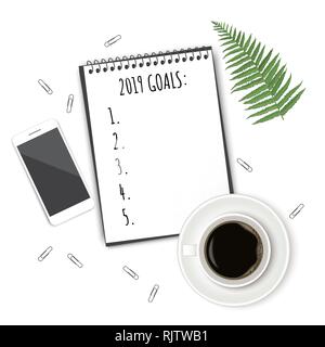 Notebook with wish list on white rustic table, flat lay style. Planning concept. Stock Vector