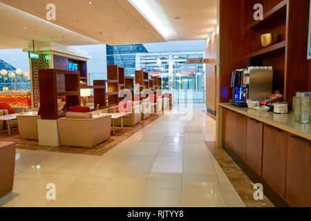 DUBAI, UAE - CIRCA APRIL, 2016: interior of Emirates business class lounge. Emirates is the largest airline in the Middle East. It is an airline based Stock Photo