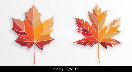 Marple leaf vector art. Red, orange and yelow gradient with white line decoration. Vector illustration. Stock Vector