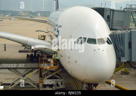 HONG KONG - NOVEMBER 03, 2015: The Airbus A380 of Singapore Airlines. Singapore Airlines Limited is the flag carrier of Singapore with its hub at Chan Stock Photo