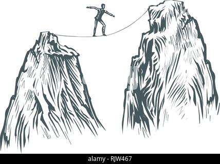 Businessman goes on a tightrope in the mountains. Business concept, sketch vector Stock Vector