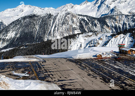 Courchevel Altiport (French: Altiport de Courchevel) is an altiport serving Courchevel, a ski resort in the French Alps. Stock Photo