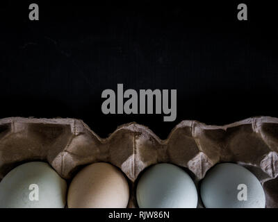Carton of 4 Matrimony Eggs Bottom Border on Black Background with Copy Space Stock Photo