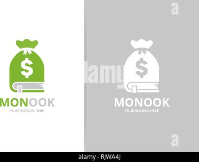 Book and bag logo combination. Unique bookstore, library and money logotype design template. Stock Vector
