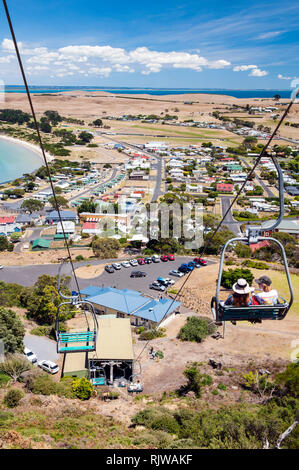 The cable car going up to the Nut, remnant of an extinct volcano, in the town of Stanley in Northwestern Tasmania. Stock Photo