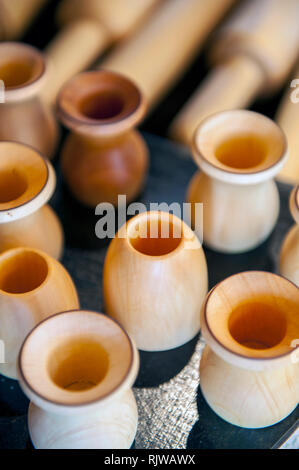 Huon Pine candlestick holders at Wilderness Woodworks, a specialty timber mill in Strahan, Tasmania. The tree is native to south west Tasmania and hig Stock Photo