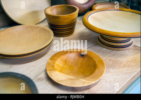 Bowls made from Huon Pine at Wilderness Woodworks, a specialty timber mill in Strahan, Tasmania. The tree is native to south west Tasmania and highly  Stock Photo