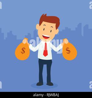 Businessman holding money bag with dollar sign, flat design for business and industrial concept. Vector Illustration. Stock Vector