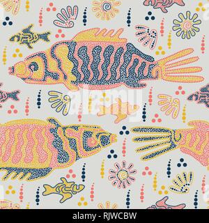 Fish and shells swim in the river. Australian Aboriginal art. Point Art. Seamless pattern. Vector illustration Stock Vector