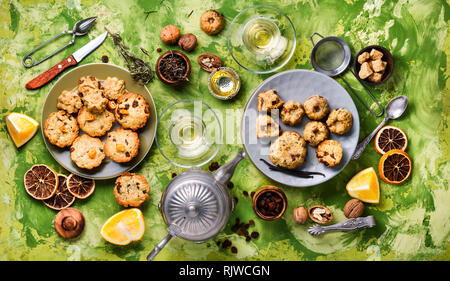 Homemade oatmeal cookies.Cookies with raisins, nuts and orange.Bakery background Stock Photo