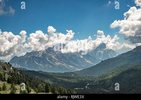 On the Alta Via 1 long distance footpath across the Dolomites in northern Italy. A distant view of the 3205m summit of Punta Sorapiss,
