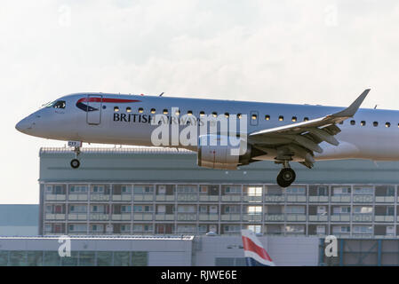 London, England. February 2018. Embraer ERJ-190SR British Airways G-LCYY operated by BA CityFlyer London City Airport (LCY) Stock Photo