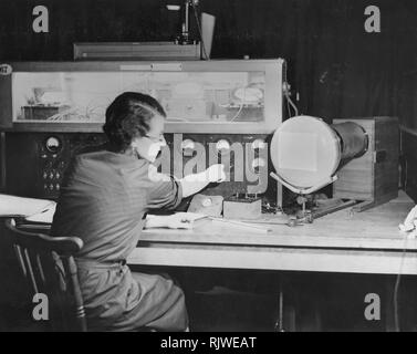 Television in the 1930s. A worker at GEC ( General Electric Company of Great Britain ) is testing the main television component, the cathode ray tube in the company's laboratories at Wembley. Much of the work on television at Wembley concentrated on the design of domestic receivers and the use of cathode ray tubes for use in these receivers. This intention was never realised because of the outbreak of the Second world war. All work on television was terminated, not to be re-started until the end of the war was in sight. Instead the industrial expertise focused on production of tubes suitable f Stock Photo