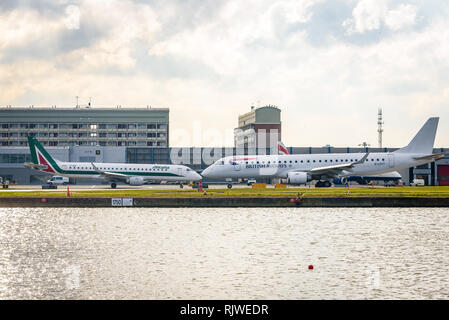 London, England. February 2018. Embraer ERJ-190SR British Airways BA CityFlyer G-LCYY departing from London City Airport (LCY) Stock Photo