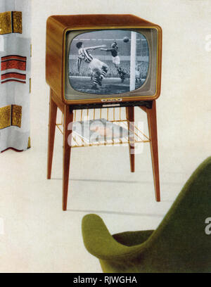 Television in the early 1960s. The swedish televison manufacturer Dux Radio and a commercial ad for their model Sport. A 17 inch screen and a price of 995 sek. Sweden 1960 Stock Photo