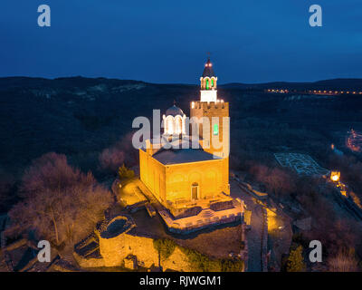 Drone night view of the patriarchal cathedral of saint ascension in the tsarevets fortress in Veliko Tarnovo in Bulgaria - Image