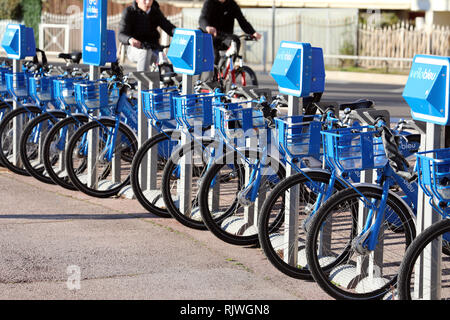 Nice, France - February 6, 2019: Velo Bleu Rental Bikes In Nice France, Self-Service Share Bikes Station In Nice, French Riviera, France, Europe Stock Photo