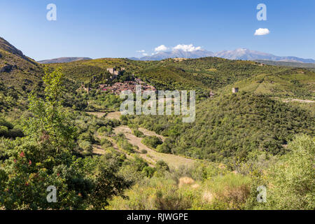 Distal view on one of the nicest villages in southern France: Castelnou. Stock Photo