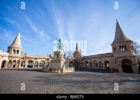 BUDAPEST / HUNGARY - FEBRUARY 02, 2012: View of historical landmark Szent István szobra monumente located in the capitol of the country, in Fisherman' Stock Photo