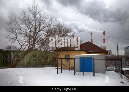 Moscow, RUSSIA - February 6, 2019: Urban landscape in winter. A Moscow thermal power station N 20 is a power plant of part of Mosenergo. It is Located Stock Photo
