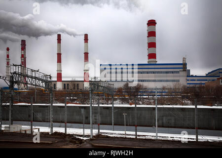 Moscow, RUSSIA - February 6, 2019: Urban landscape in winter. A Moscow thermal power station N 20 is a power plant of part of Mosenergo. It is Located Stock Photo